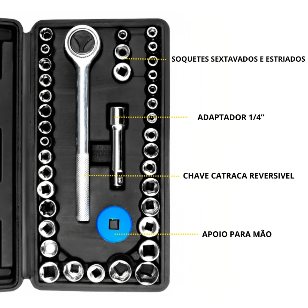 Kit MasterTorque 40 Peças - Jogo de Soquetes e Chave Catraca Reversível 1/4