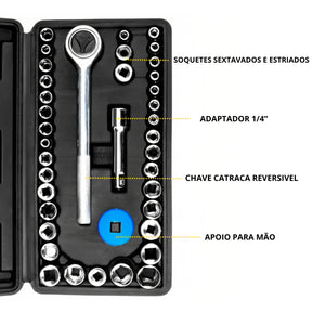 Kit MasterTorque 40 Peças - Jogo de Soquetes e Chave Catraca Reversível 1/4